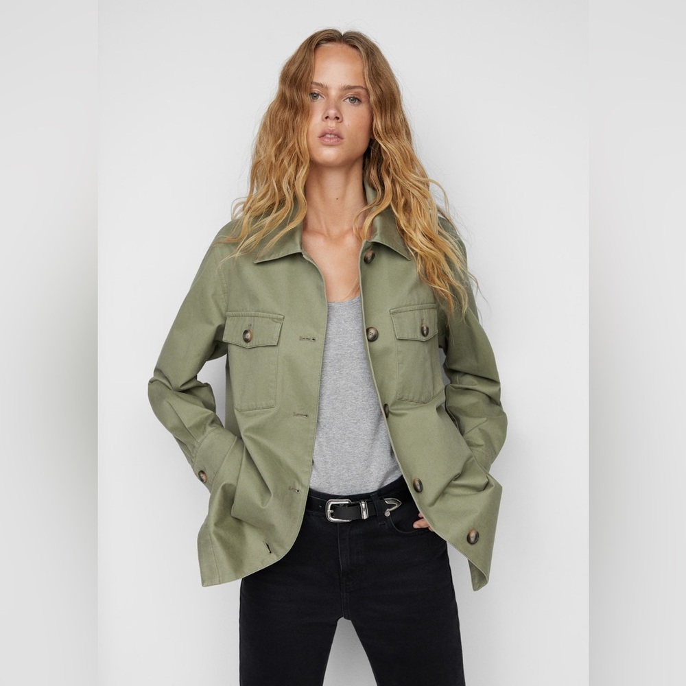 New MANGO army green khaki cotton overshirt with buttons